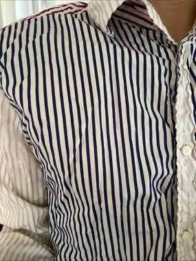 Navy, purple, burgundy & White Striped Button-Up Shirt by JOHNBULL. JAPAN.cttn